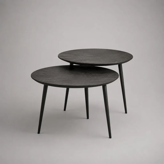 Set di 2 tavolini da caffè rotondi in legno e acciaio nero, Ø70 × H45 cm e Ø60 × H52 cm
