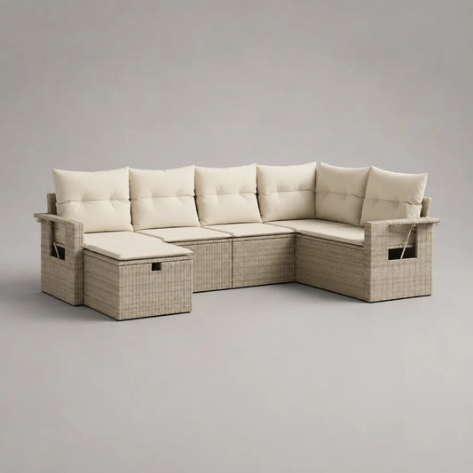 Set divano angolare modulare da giardino in polyrattan beige, 6 pezzi con cuscini crema, 280 × 150 × 82 cm